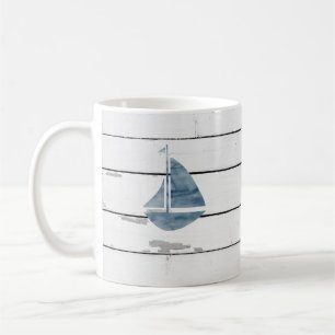 Blue Sailboat Nautical Shiplap Rustic Coffee Mug