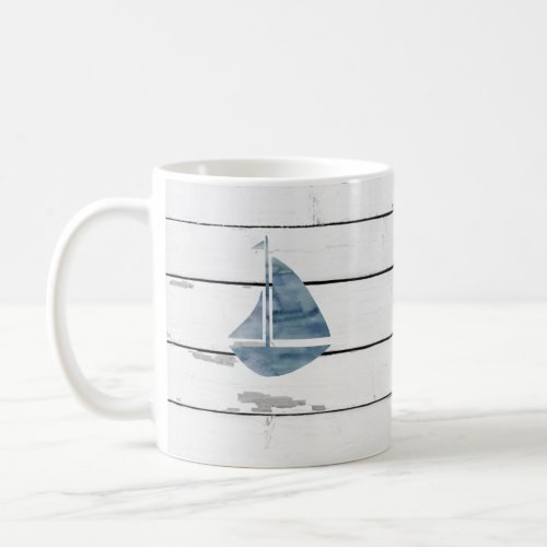 Blue Sailboat Nautical Shiplap Rustic Coffee Mug