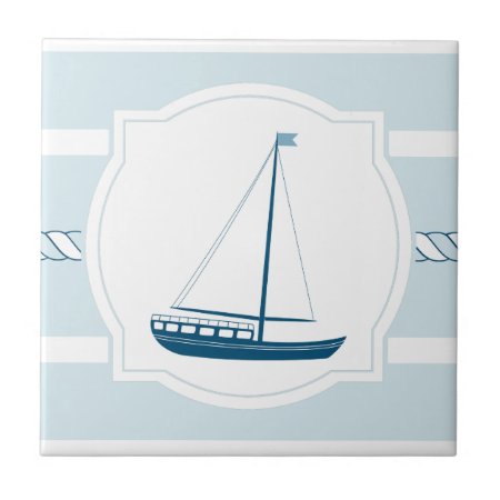 Blue Sailboat Nautical Style Stripes Ceramic Tile