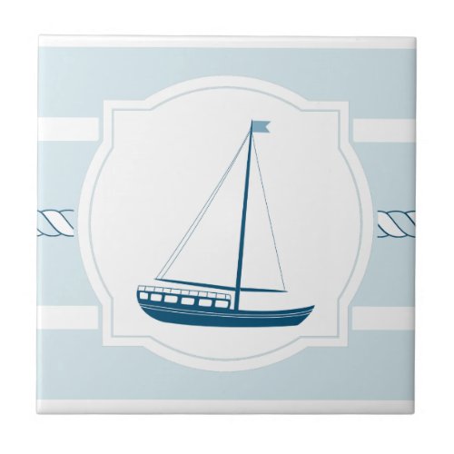 Blue sailboat nautical style stripes ceramic tile