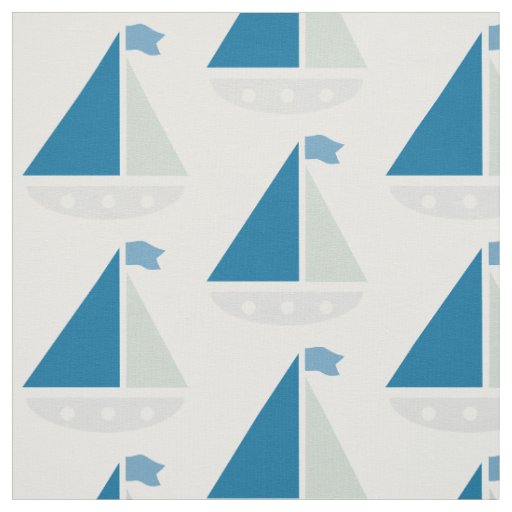 Blue Sailboat Pattern Nautical White Fabric