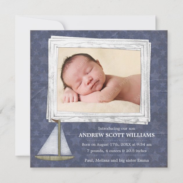 Blue Sailboat Stars Boy Photo Birth Announcement