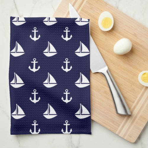 Blue Sailboats and Anchors Pattern Kitchen Towel