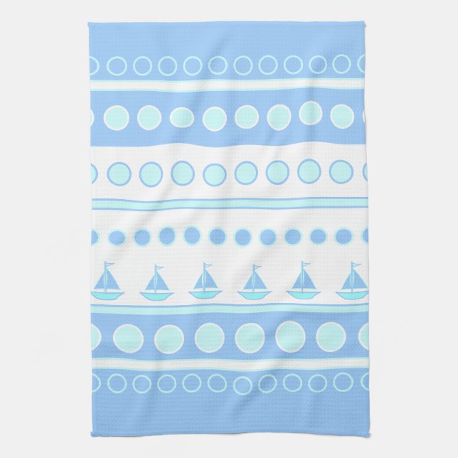 Blue Sailboats and Circles Rows Kitchen Towel (Vertical)