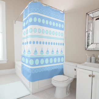 Blue Sailboats and Circles Rows Shower Curtain