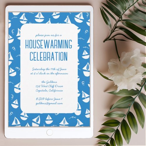 Blue Sailboats Cute Beach Housewarming Party Invitation