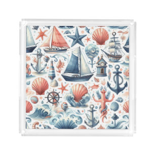 BLUE SAILBOATS NAUTICAL ANCHORS CORAL SEASHELLS ACRYLIC TRAY