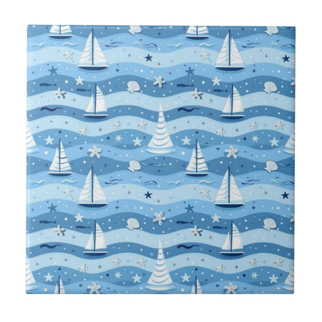 Blue Sailboats Nautical Ceramic Tile (Front)