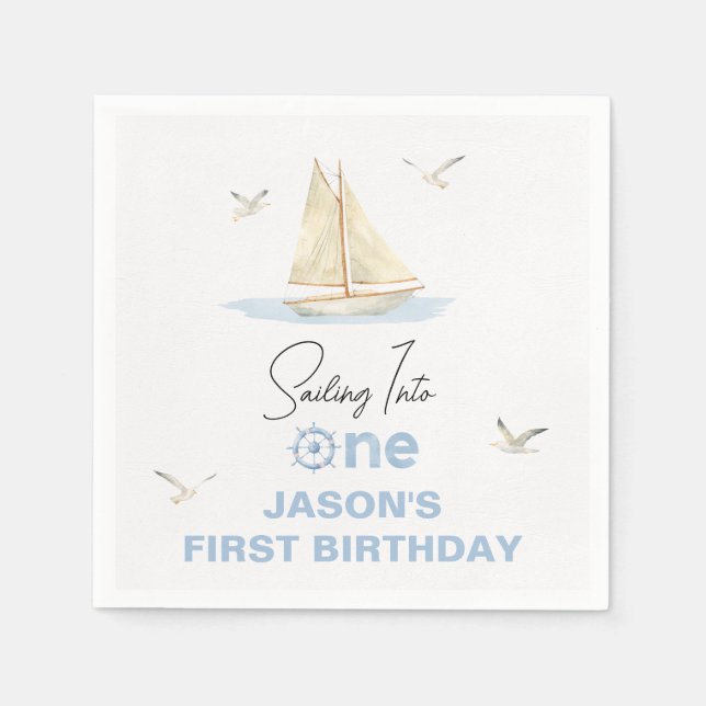 Blue Sailing Boat Sailing Into One 1st Birthday Napkins (Front)