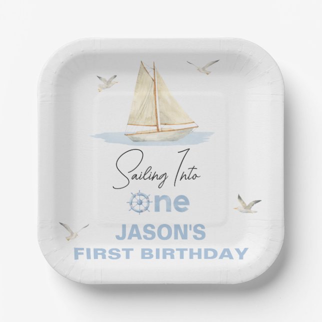 Blue Sailing Boat Sailing Into One 1st Birthday Paper Plates (Front)