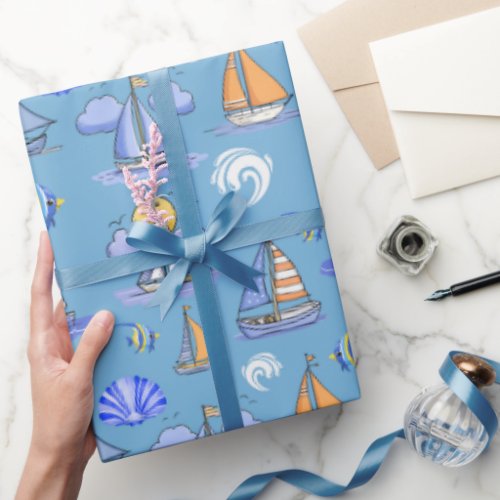Blue Sailing Boat Wrapping Paper