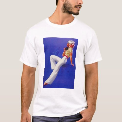 Blue Sailor Pin Up Girl T_Shirt