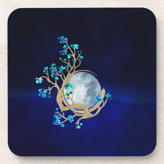 Blue Sakura Blossom Zen Moon Beverage Coaster (Front)