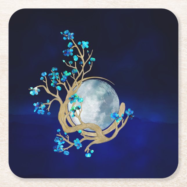 Blue Sakura Blossom Zen Moon Square Paper Coaster (Front)