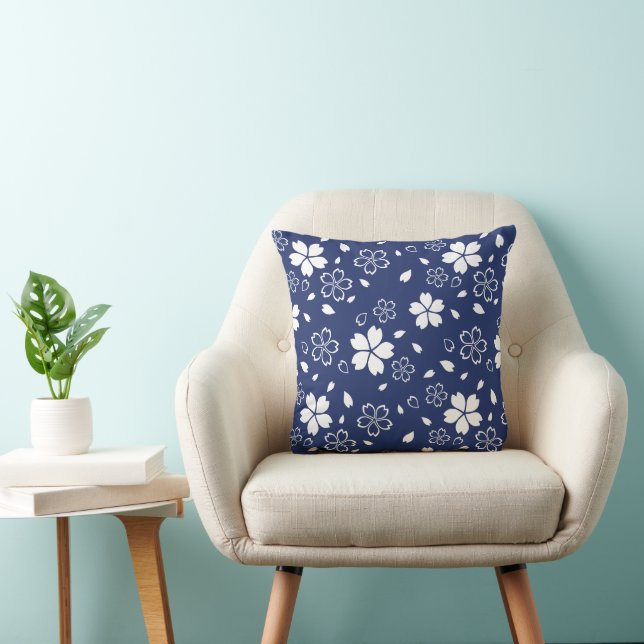 Blue Sakura Pattern Throw Pillow (Chair)