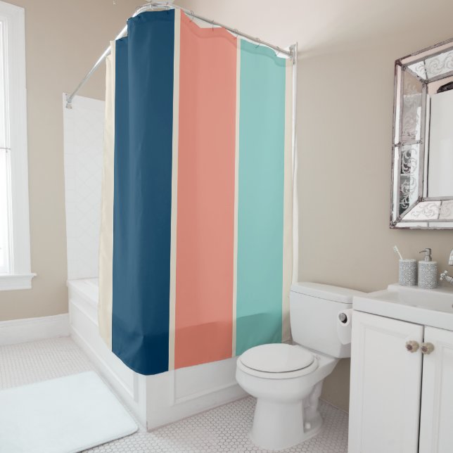 Blue, Salmon and Turquoise Stripes Shower Curtain (In Situ)