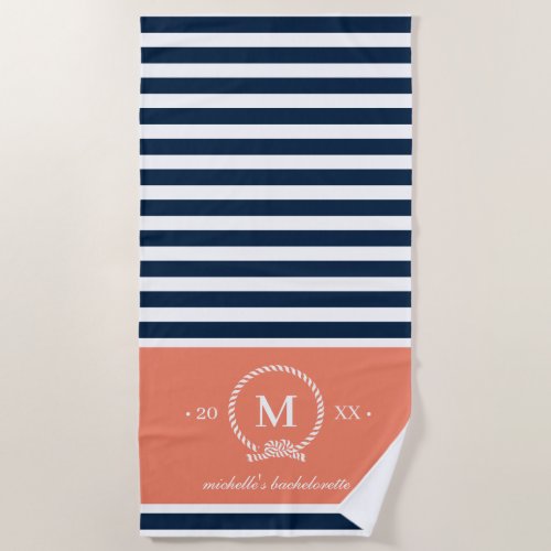 Blue Salmon Pink Nautical Monogram Bachelorette Beach Towel