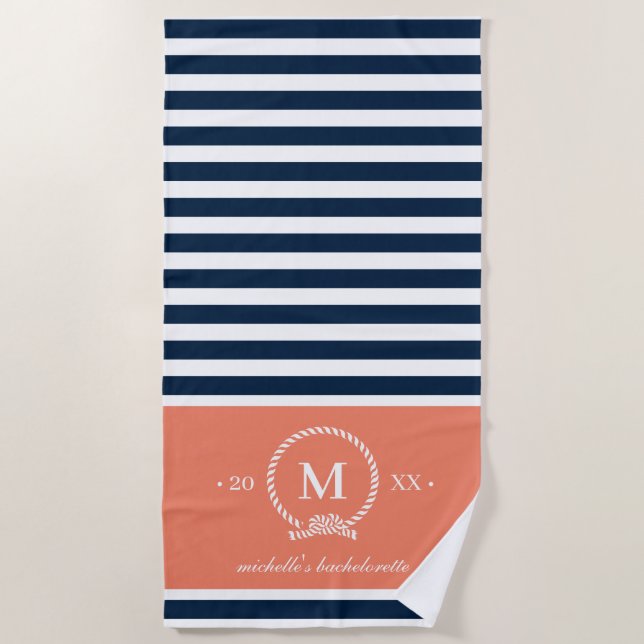 Blue Salmon Pink Nautical Monogram Bachelorette Beach Towel (Front)