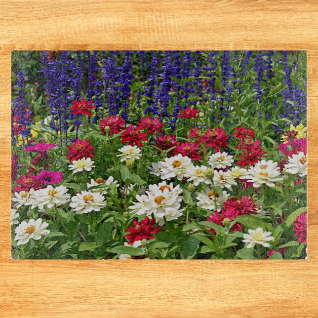 Blue Salvia and Zinnia Garden Floral Cutting Board (In Situ)
