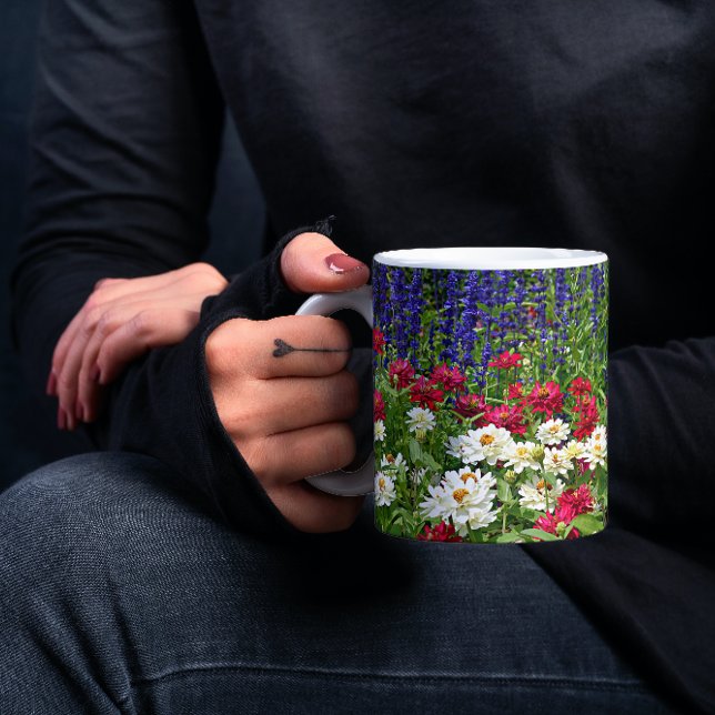 Blue Salvia and Zinnia Garden Floral Mug (In Situ Held)