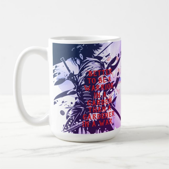 Blue Samurai & Cherry Blossom Ink Art Motivational Coffee Mug (Left)