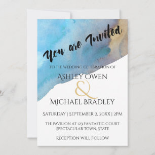 Blue & Sand Abstract Beach Watercolor Wedding 2 Invitation