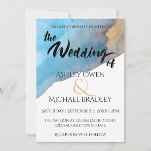 Blue & Sand Abstract Beach Watercolor Wedding Invitation