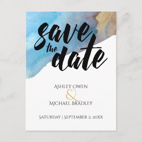 Blue  Sand Artsy Beach Watercolor Save the Date Announcement Postcard