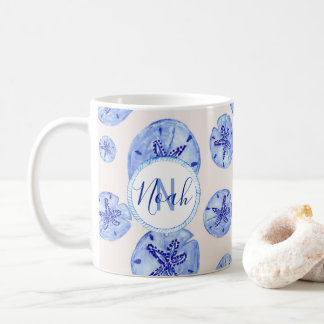 Blue sand dollar watercolor-custom monogram-name coffee mug
