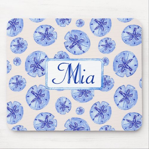 Blue sand dollar watercolor_custom monogram_name  mouse pad