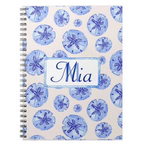 Blue sand dollar watercolor_custom monogram_name  notebook