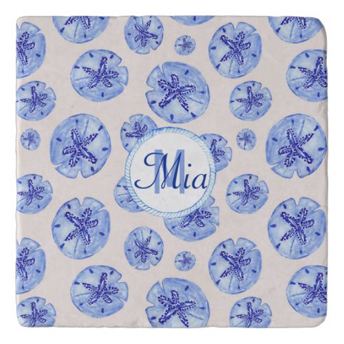 Blue sand dollar watercolor_custom monogram_name  trivet