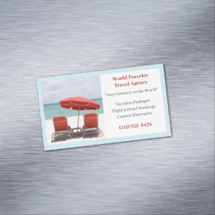 Blue Sand Red Chairs Agency Travel Agent Beach Business Card Magnet