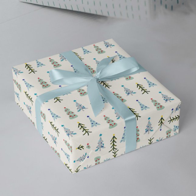 Blue Sandinavian Christmas trees  Wrapping Paper (Cute Scandinavian Christmas trees wrapping paper for hygge gift decor)