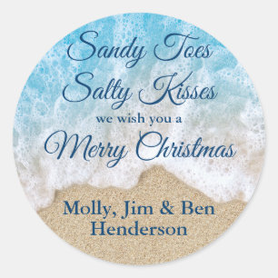 Blue Sandy Toes Salty Kisses Merry Christmas Classic Round Sticker