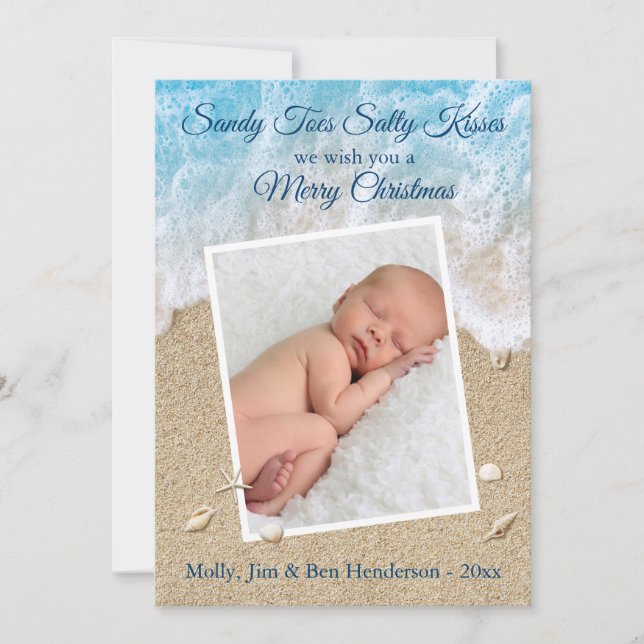 Blue Sandy Toes Salty Kisses Merry Christmas Holiday Card (Front)