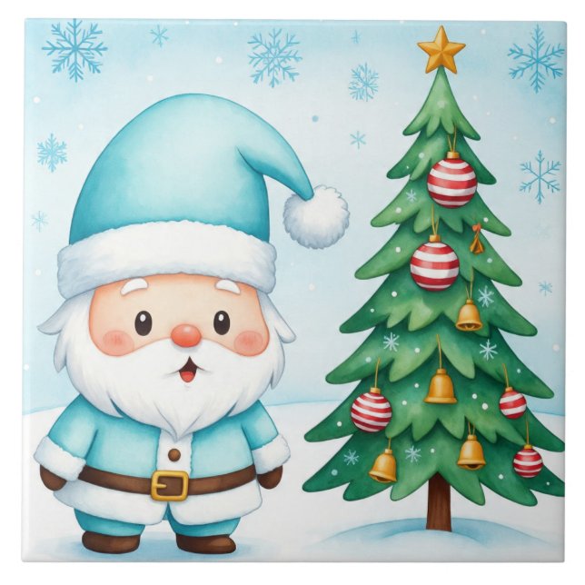 Blue Santa Claus Design Art, Cute Santa  Ceramic Tile (Front)