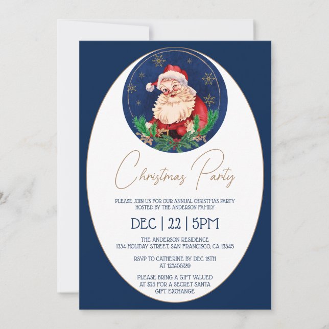 Blue Santa Claus Elegant Vintage Christmas Party Invitation (Front)