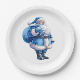 Blue Santa Claus Illustration Watercolor Paper Plates
