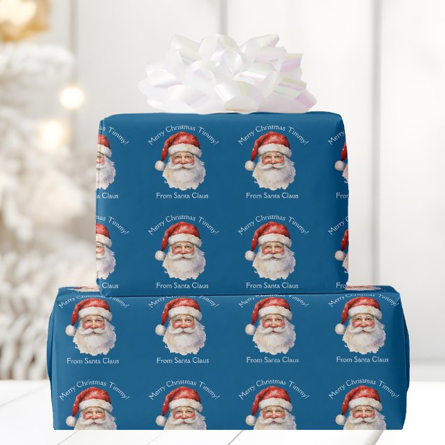 Blue Santa Claus Personalized Kids Christmas Wrapping Paper (Creator Uploaded)