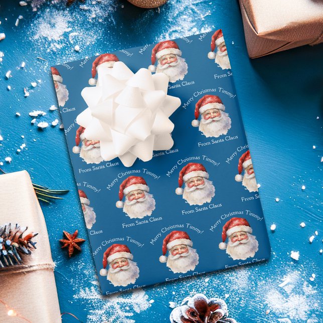 Blue Santa Claus Personalized Kids Christmas Wrapping Paper Sheets (Creator Uploaded)