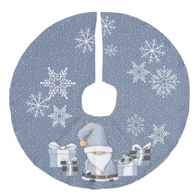 Blue Santa Gnome with Gifts Faux Linen Tree Skirt (Front)