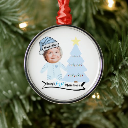 Blue Santa Hat Baby’s First Christmas Photo Metal Ornament