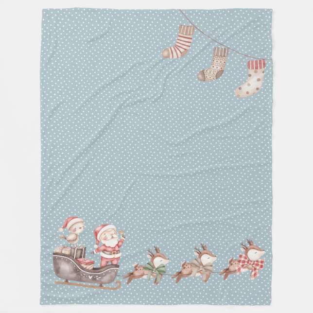 Blue Santa in the Sleigh Fleece Blanket (Front)