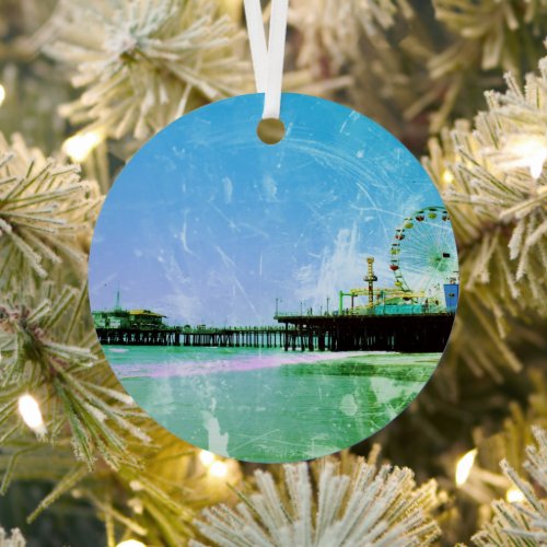 Blue Santa Monica Pier Metal Ornament