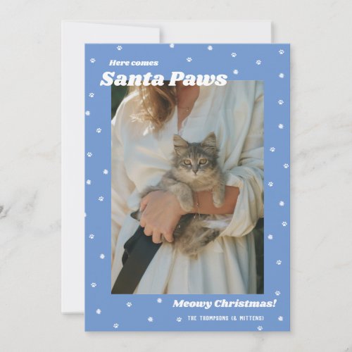 Blue Santa Paws Pet Meowy Christmas Photo Card