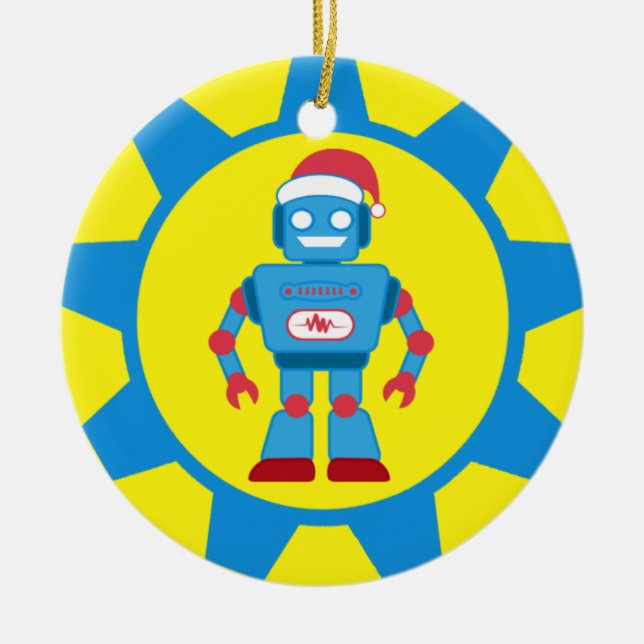 Blue Santa Robot Ceramic Ornament (Front)