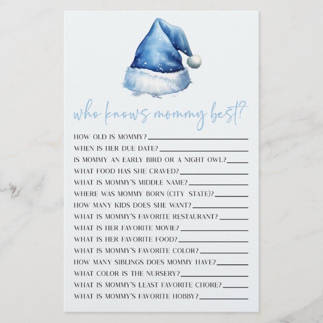 Blue Santa Who Knows Mommy Baby Shower Game Stationery (Front)