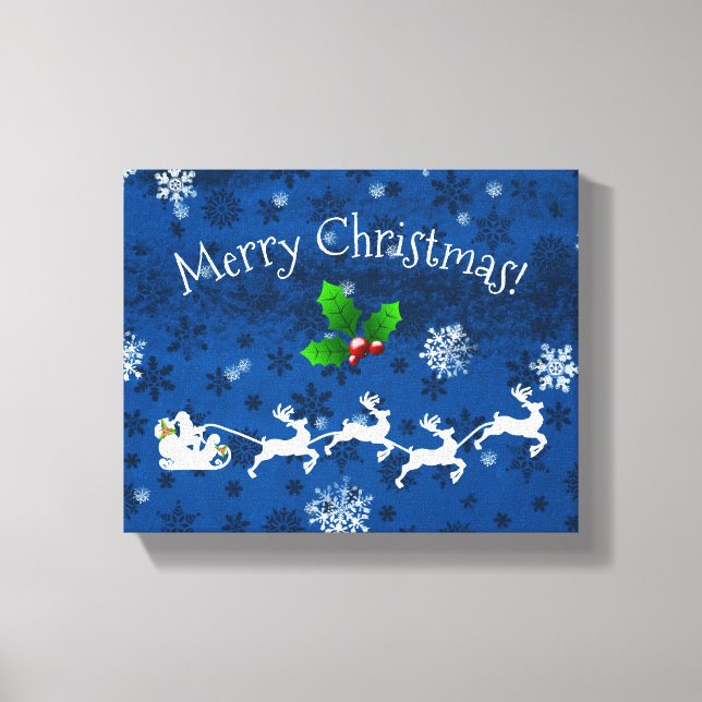 Blue Santa's Sleigh and Reindeer Canvas Print (Front)