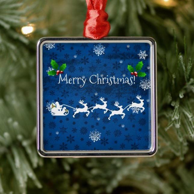 Blue Santa's Sleigh and Reindeer Ceramic Ornament (Tree)
